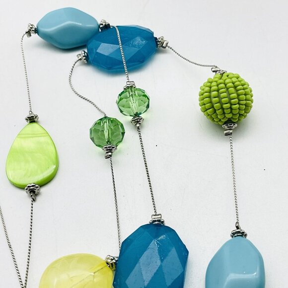 Beaded Station Necklace Silver Tone Blue Green Yellow Beach Coastal - Picture 4 of 7